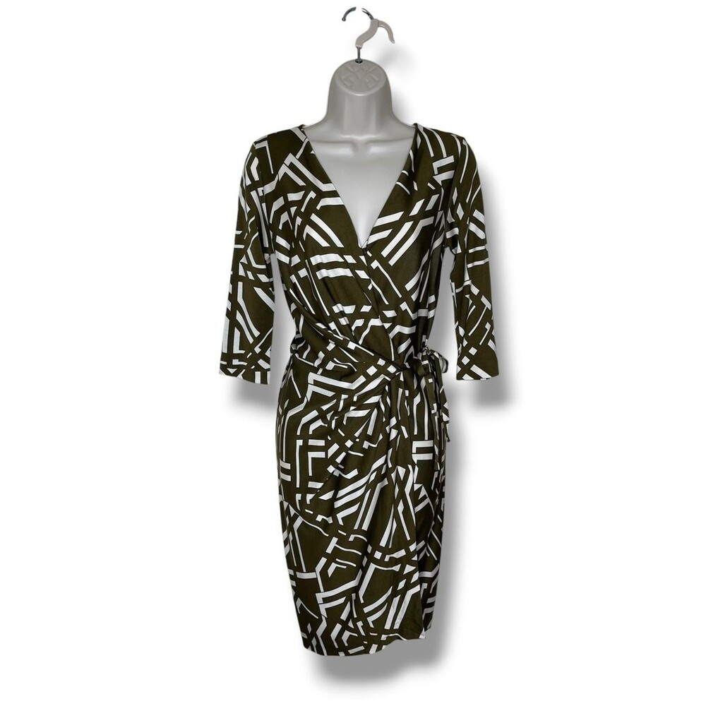 Diane Von Furstenberg Silk Wrap Dress Olive Green White Geometric Print Women 4